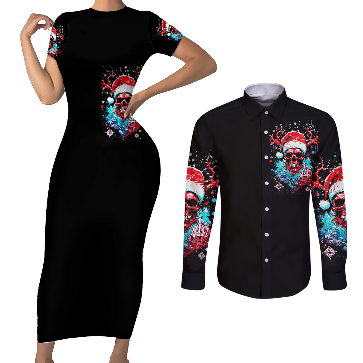 Skull Santa Claus Couples Matching Short Sleeve Bodycon Dress and Long Sleeve Button Shirt It's Beginning To Look A Lot Like Fuck This - Wonder Print Shop