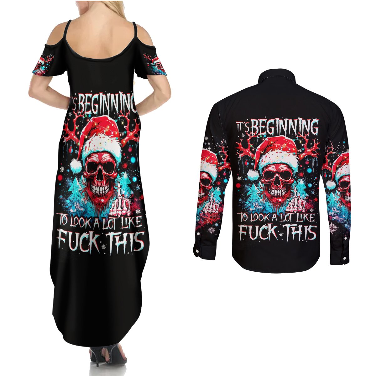 Skull Santa Claus Couples Matching Summer Maxi Dress and Long Sleeve Button Shirt It's Beginning To Look A Lot Like Fuck This - Wonder Print Shop