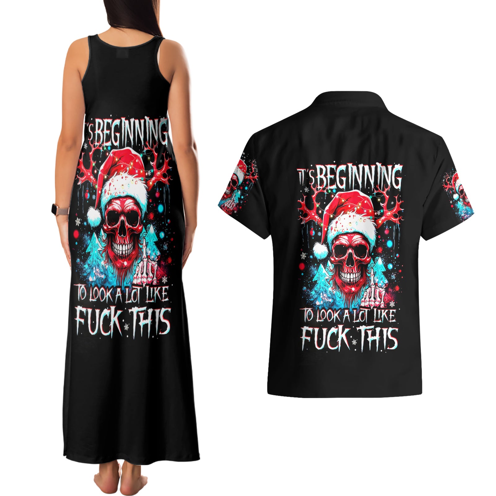 Skull Santa Claus Couples Matching Tank Maxi Dress and Hawaiian Shirt It's Beginning To Look A Lot Like Fuck This - Wonder Print Shop