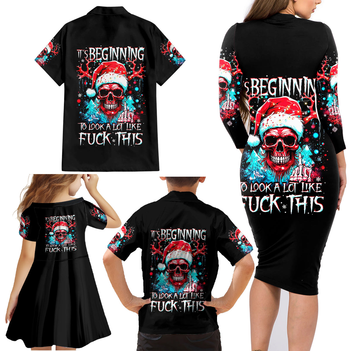 Skull Santa Claus Family Matching Long Sleeve Bodycon Dress and Hawaiian Shirt It's Beginning To Look A Lot Like Fuck This - Wonder Print Shop