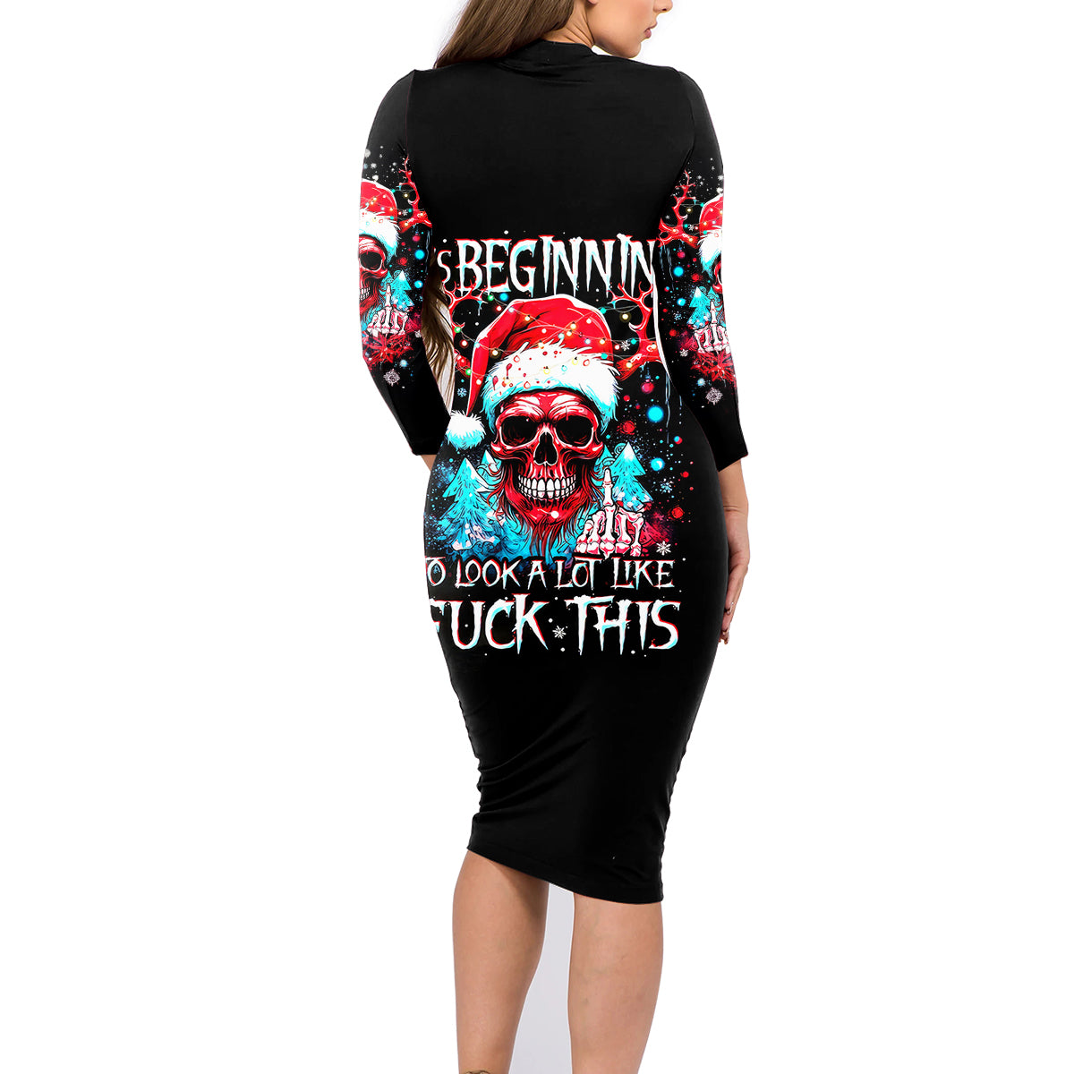 Skull Santa Claus Family Matching Long Sleeve Bodycon Dress and Hawaiian Shirt It's Beginning To Look A Lot Like Fuck This - Wonder Print Shop