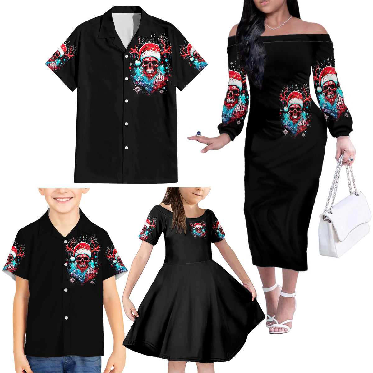 Skull Santa Claus Family Matching Off Shoulder Long Sleeve Dress and Hawaiian Shirt It's Beginning To Look A Lot Like Fuck This - Wonder Print Shop
