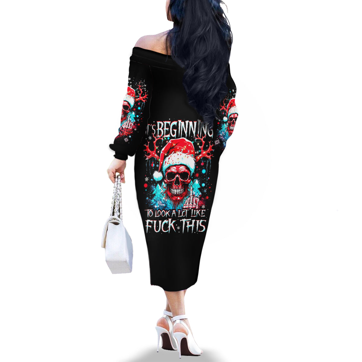 Skull Santa Claus Family Matching Off Shoulder Long Sleeve Dress and Hawaiian Shirt It's Beginning To Look A Lot Like Fuck This - Wonder Print Shop