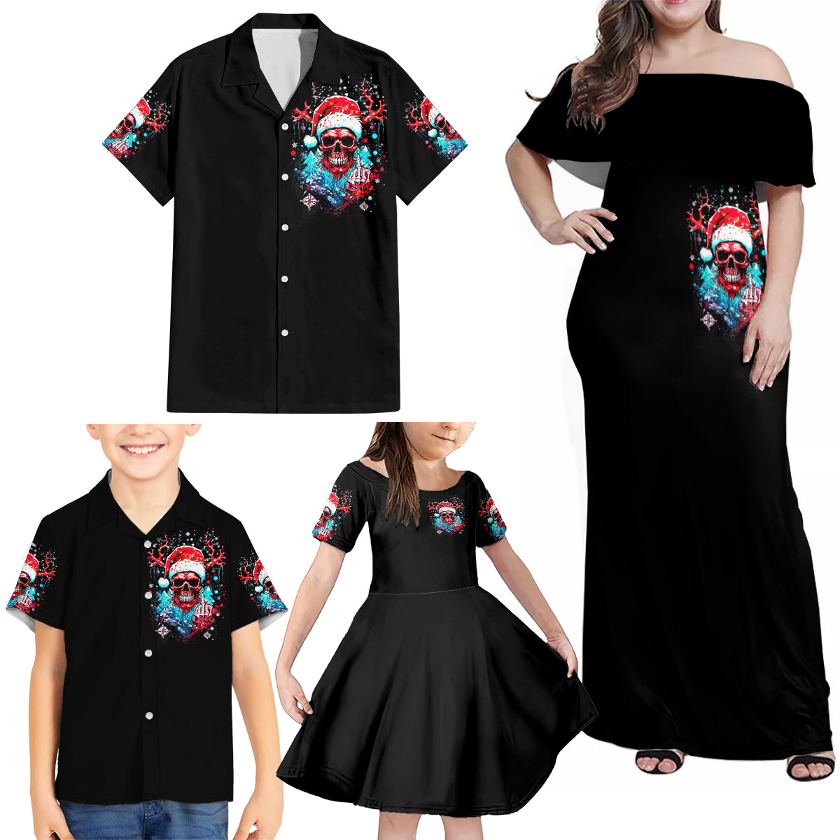 Skull Santa Claus Family Matching Off Shoulder Maxi Dress and Hawaiian Shirt It's Beginning To Look A Lot Like Fuck This - Wonder Print Shop