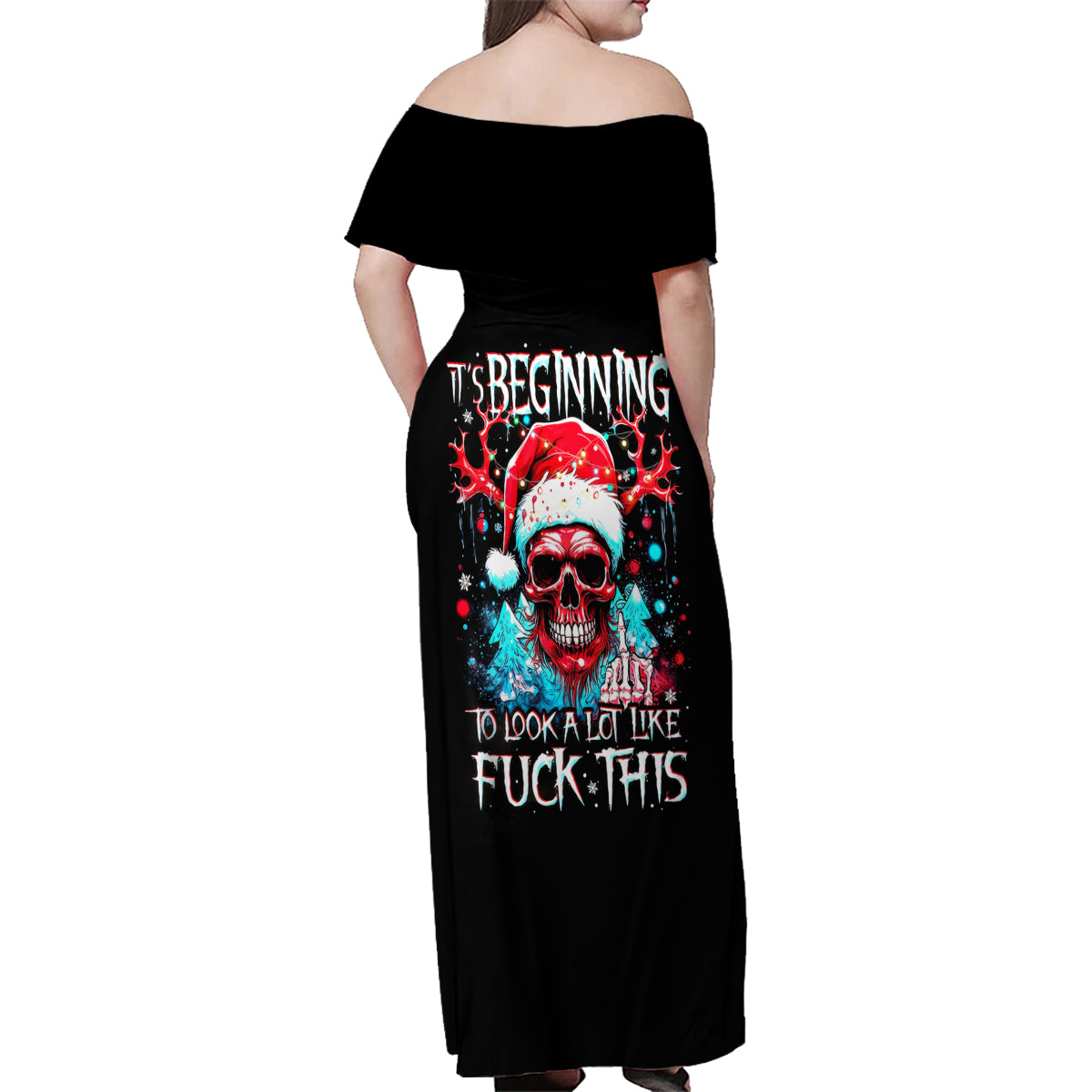 Skull Santa Claus Family Matching Off Shoulder Maxi Dress and Hawaiian Shirt It's Beginning To Look A Lot Like Fuck This - Wonder Print Shop