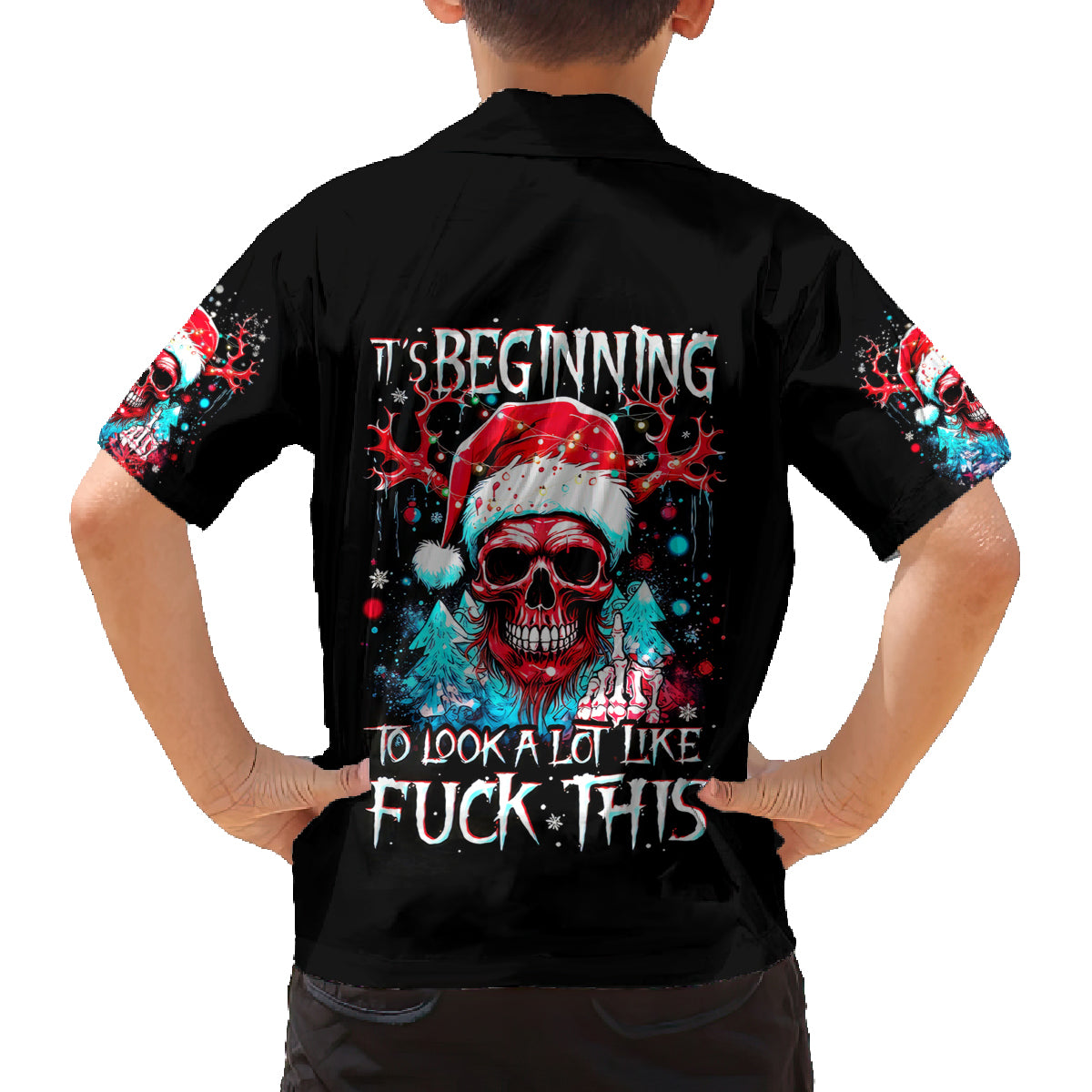 Skull Santa Claus Family Matching Off Shoulder Short Dress and Hawaiian Shirt It's Beginning To Look A Lot Like Fuck This - Wonder Print Shop