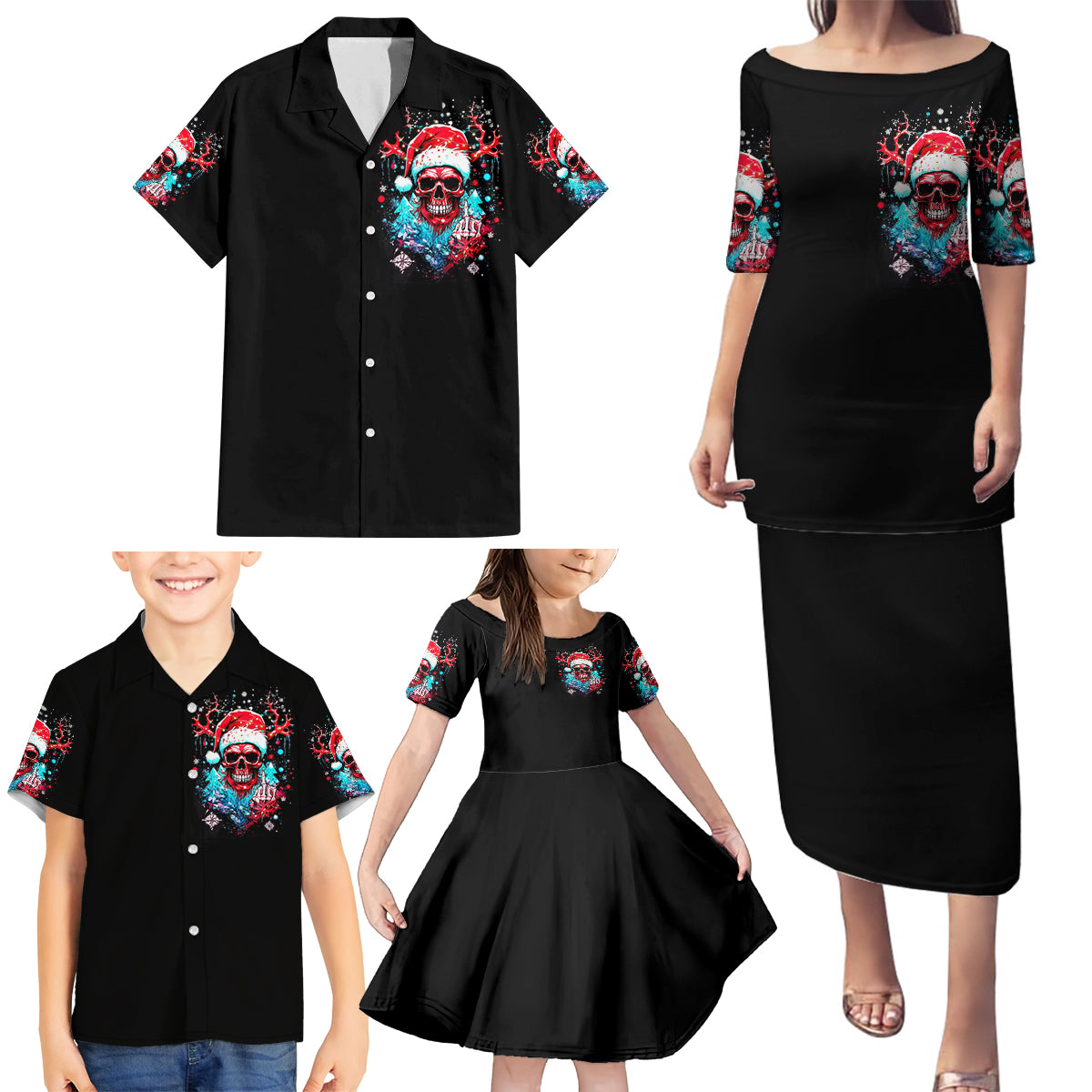Skull Santa Claus Family Matching Puletasi Dress and Hawaiian Shirt It's Beginning To Look A Lot Like Fuck This - Wonder Print Shop