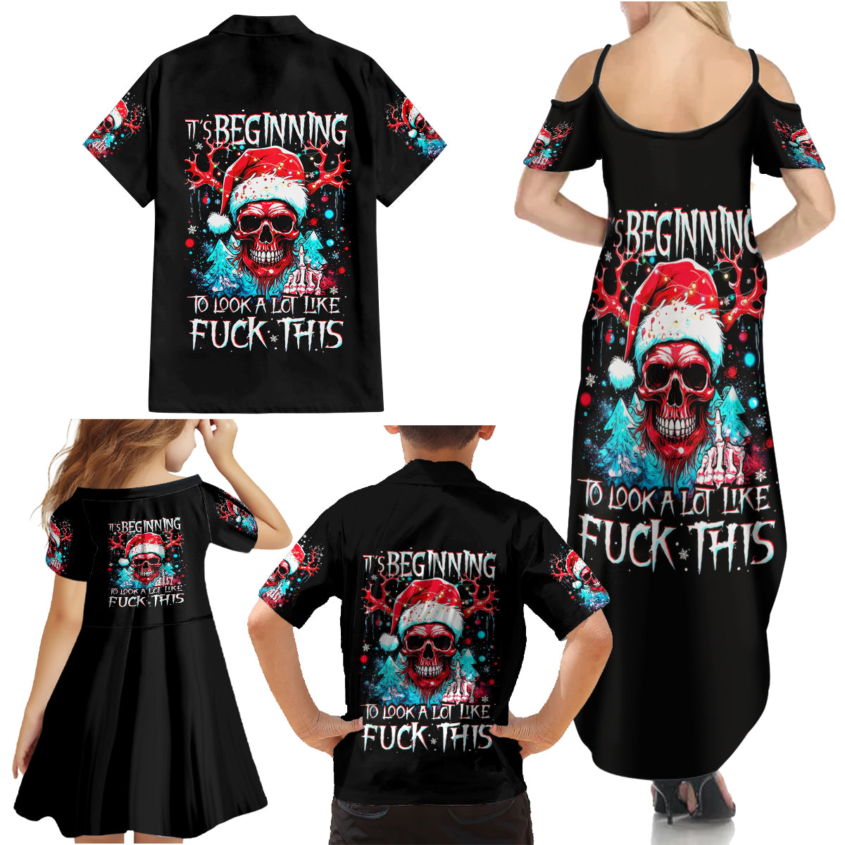 Skull Santa Claus Family Matching Summer Maxi Dress and Hawaiian Shirt It's Beginning To Look A Lot Like Fuck This - Wonder Print Shop