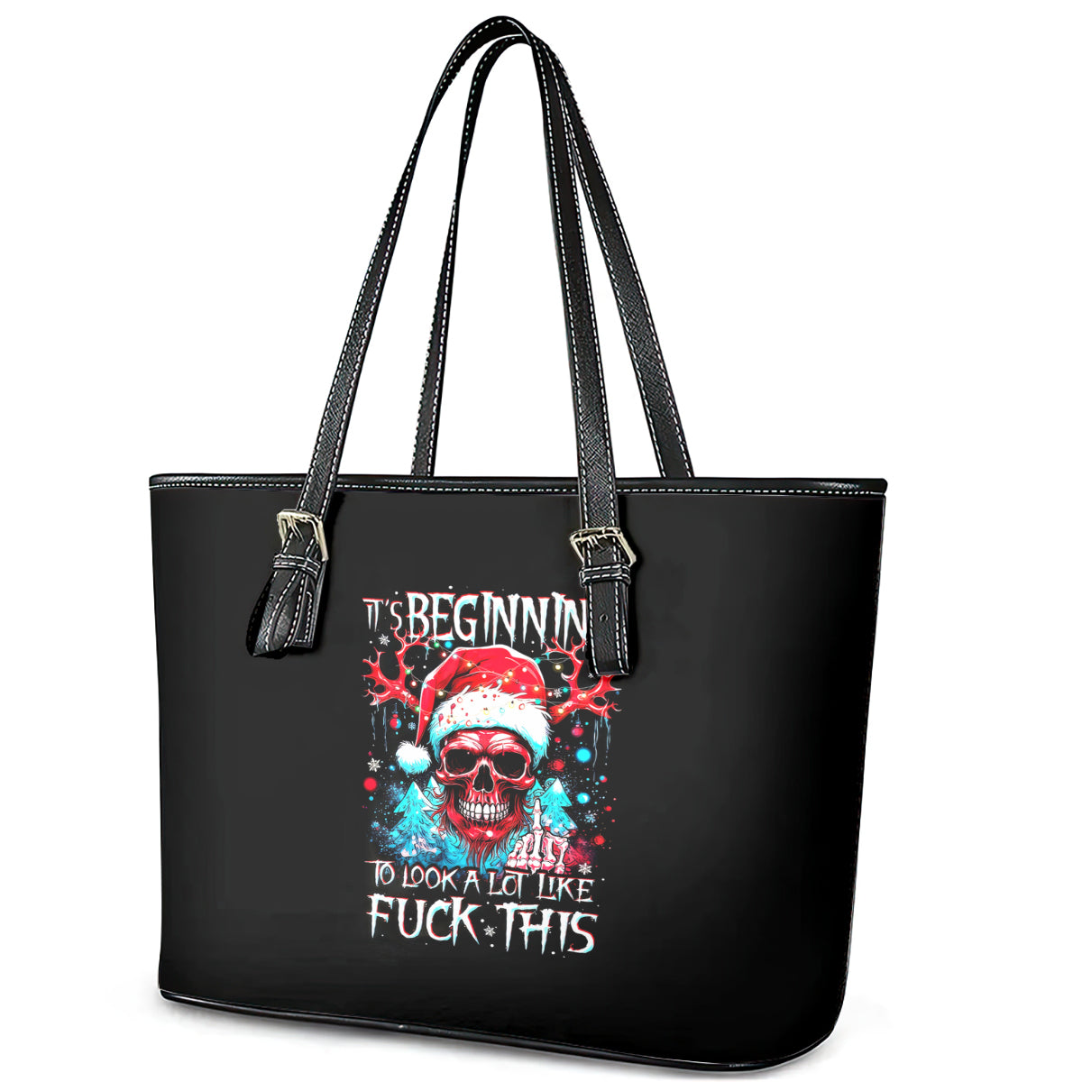 Skull Santa Claus Leather Tote Bag It's Beginning To Look A Lot Like Fuck This - Wonder Print Shop