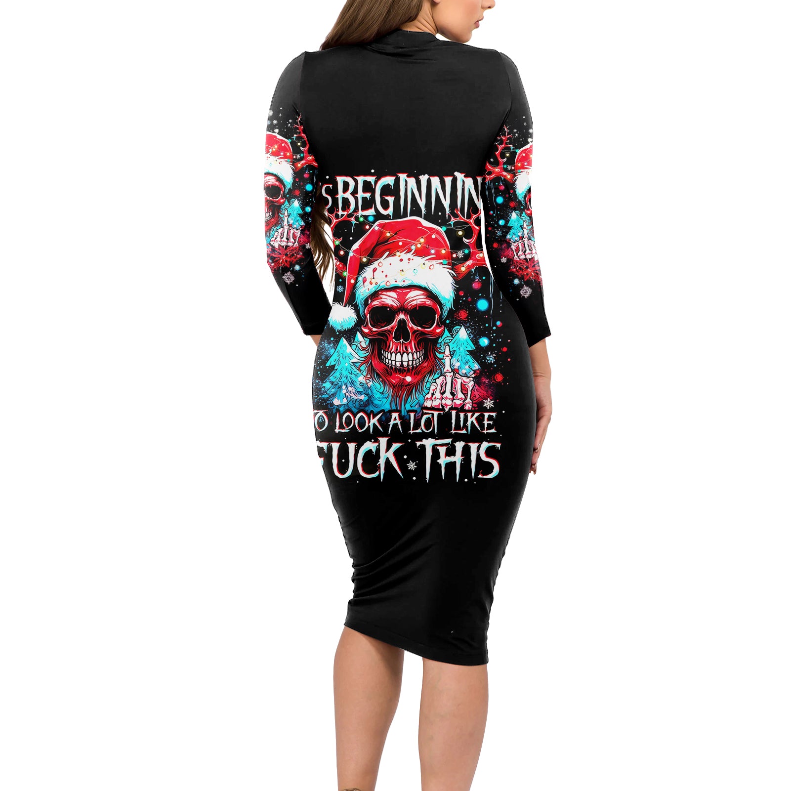 Skull Santa Claus Long Sleeve Bodycon Dress It's Beginning To Look A Lot Like Fuck This - Wonder Print Shop