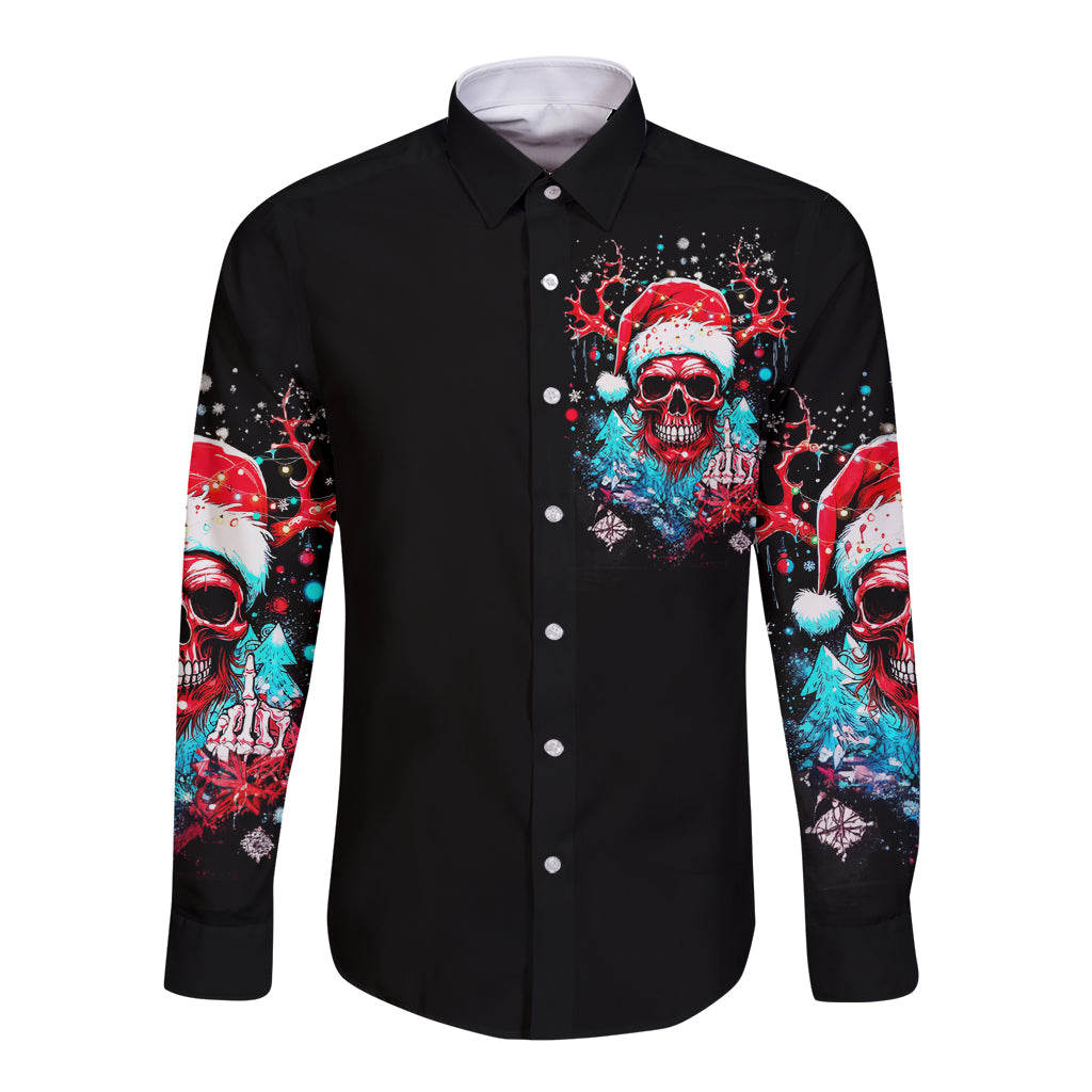 Skull Santa Claus Long Sleeve Button Shirt It's Beginning To Look A Lot Like Fuck This - Wonder Print Shop
