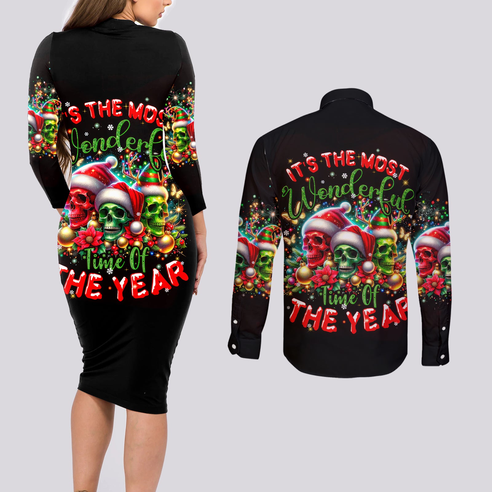 Skull Santa Claus Couples Matching Long Sleeve Bodycon Dress and Long Sleeve Button Shirt It's The Most Time Of The Year - Wonder Print Shop