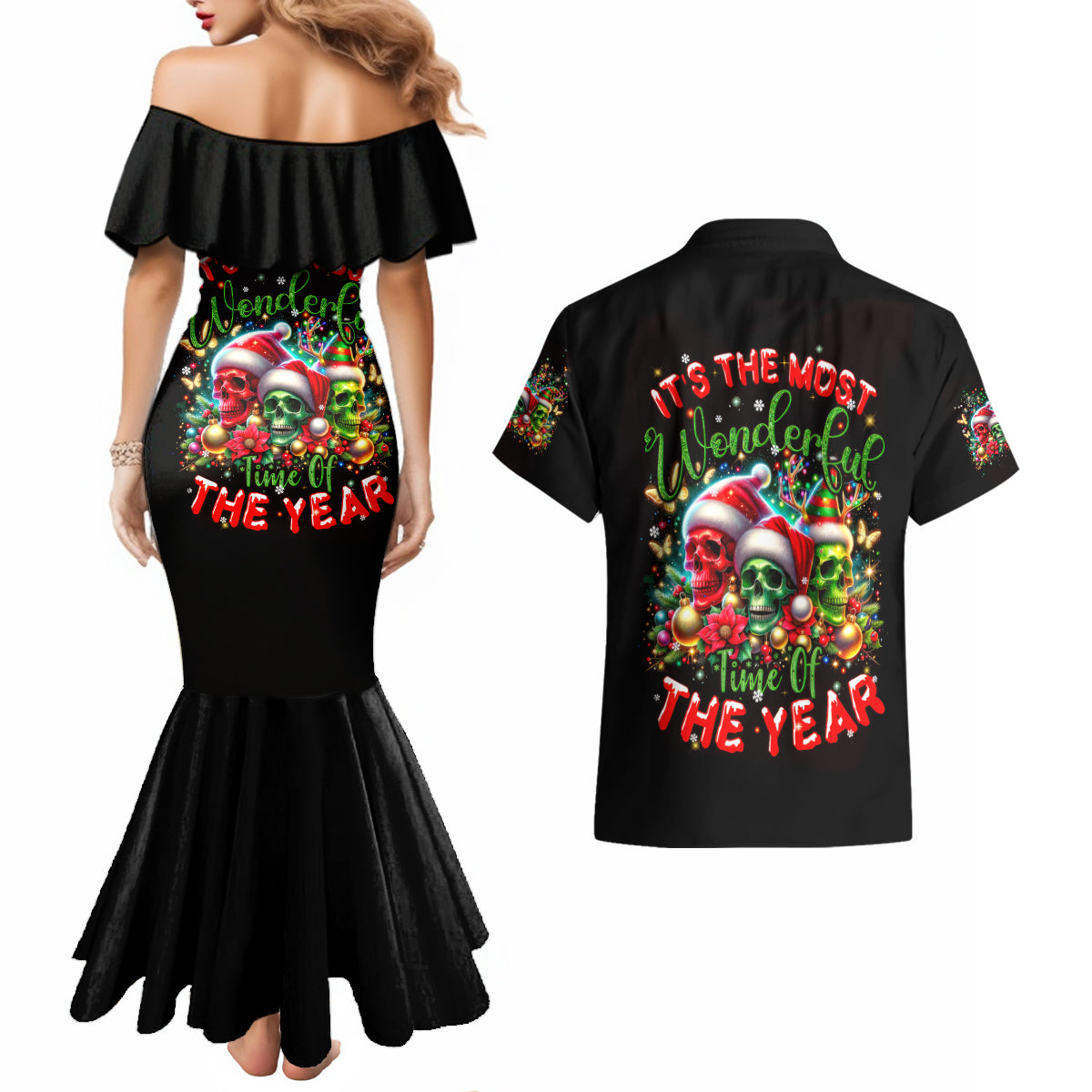 Skull Santa Claus Couples Matching Mermaid Dress and Hawaiian Shirt It's The Most Time Of The Year - Wonder Print Shop