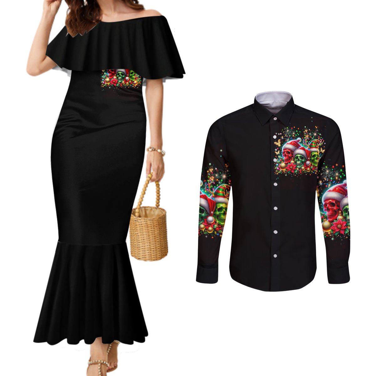 skull-santa-claus-couples-matching-mermaid-dress-and-long-sleeve-button-shirt-its-the-most-time-of-the-year