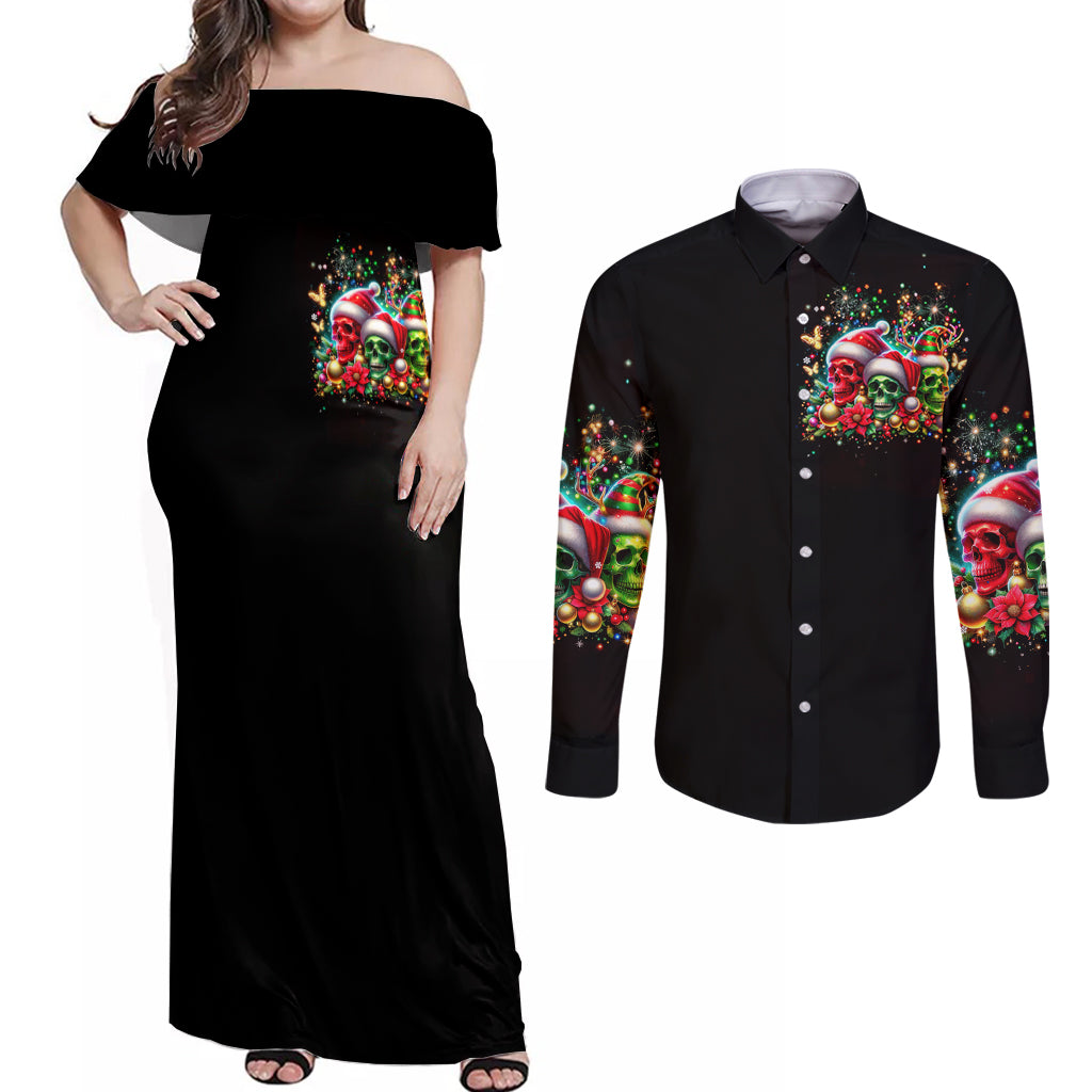 Skull Santa Claus Couples Matching Off Shoulder Maxi Dress and Long Sleeve Button Shirt It's The Most Time Of The Year - Wonder Print Shop