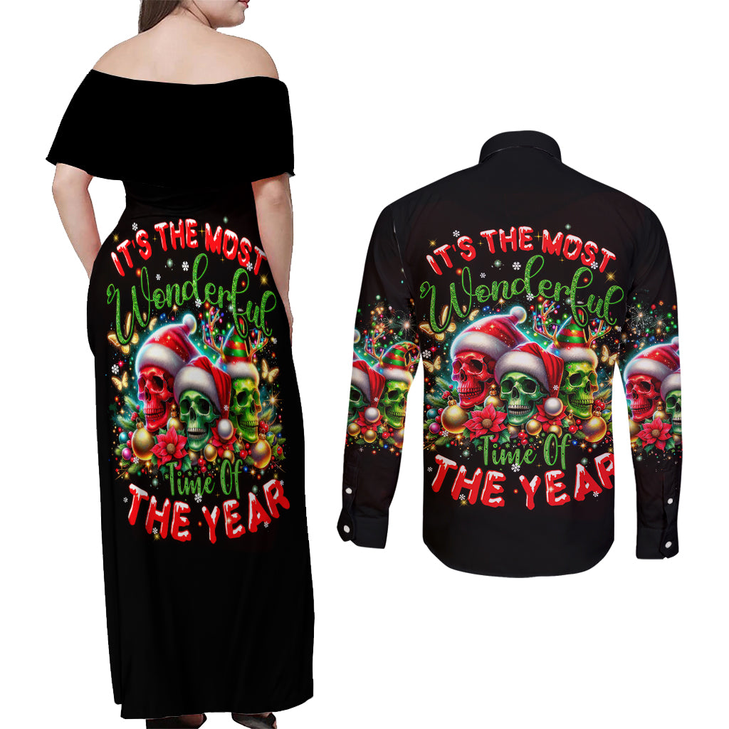 Skull Santa Claus Couples Matching Off Shoulder Maxi Dress and Long Sleeve Button Shirt It's The Most Time Of The Year - Wonder Print Shop