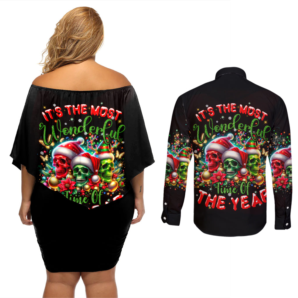 Skull Santa Claus Couples Matching Off Shoulder Short Dress and Long Sleeve Button Shirt It's The Most Time Of The Year - Wonder Print Shop