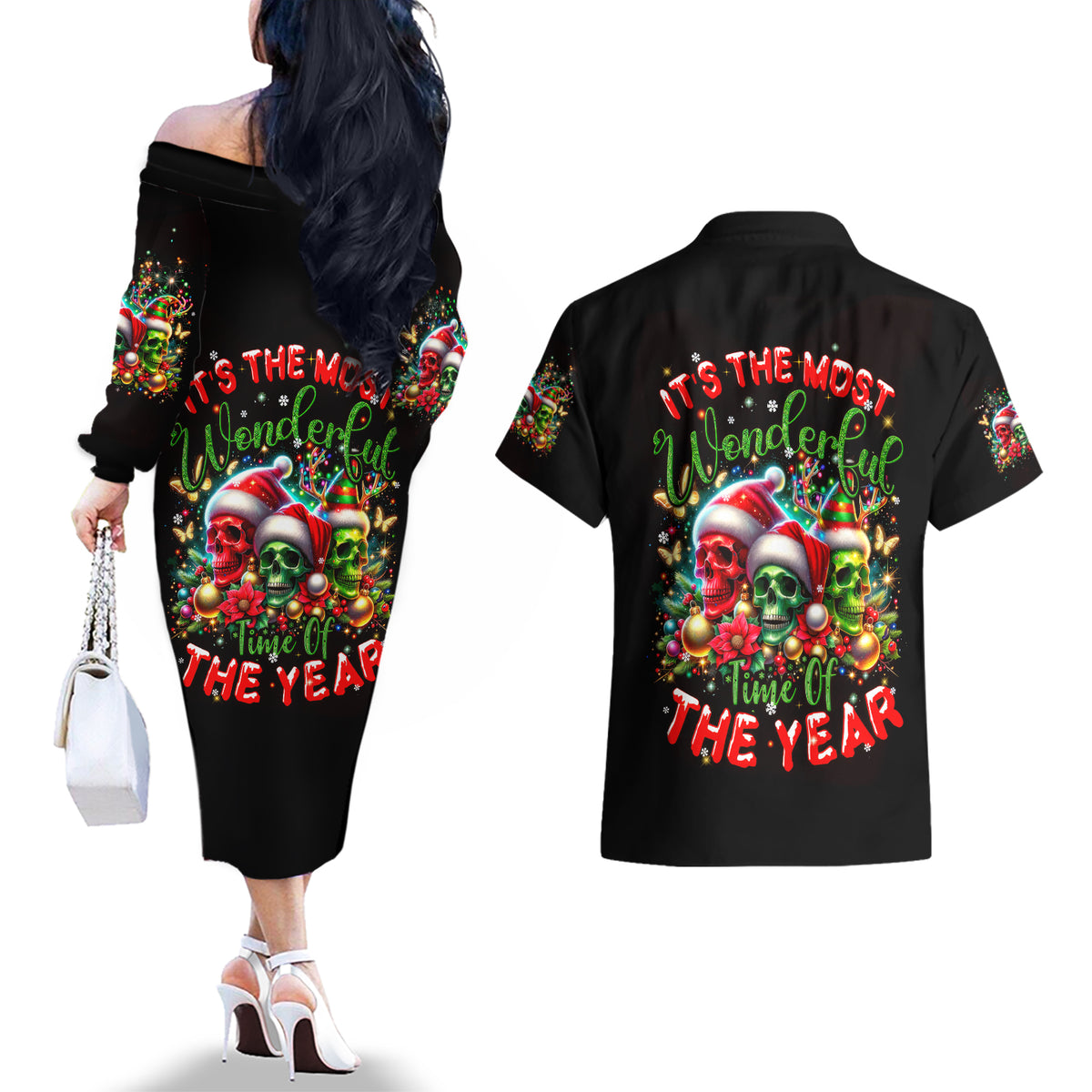 Skull Santa Claus Couples Matching Off The Shoulder Long Sleeve Dress and Hawaiian Shirt It's The Most Time Of The Year - Wonder Print Shop
