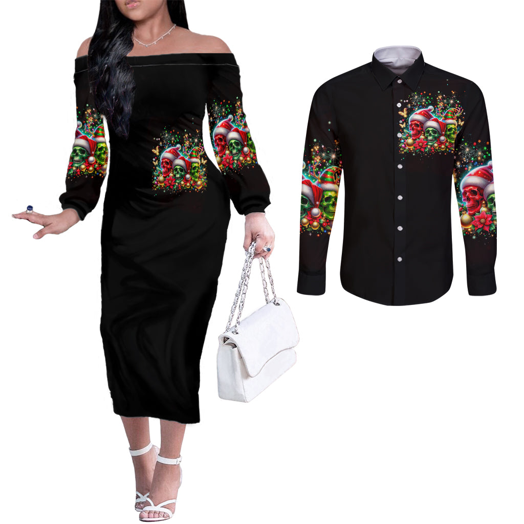 skull-santa-claus-couples-matching-off-the-shoulder-long-sleeve-dress-and-long-sleeve-button-shirt-its-the-most-time-of-the-year