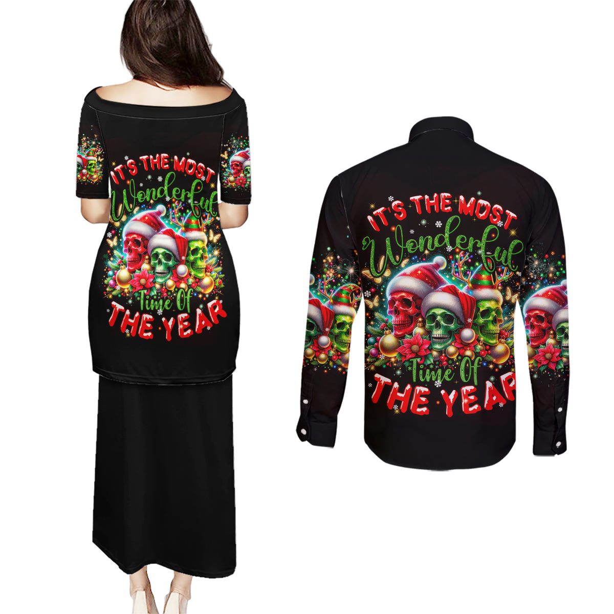 Skull Santa Claus Couples Matching Puletasi Dress and Long Sleeve Button Shirt It's The Most Time Of The Year - Wonder Print Shop