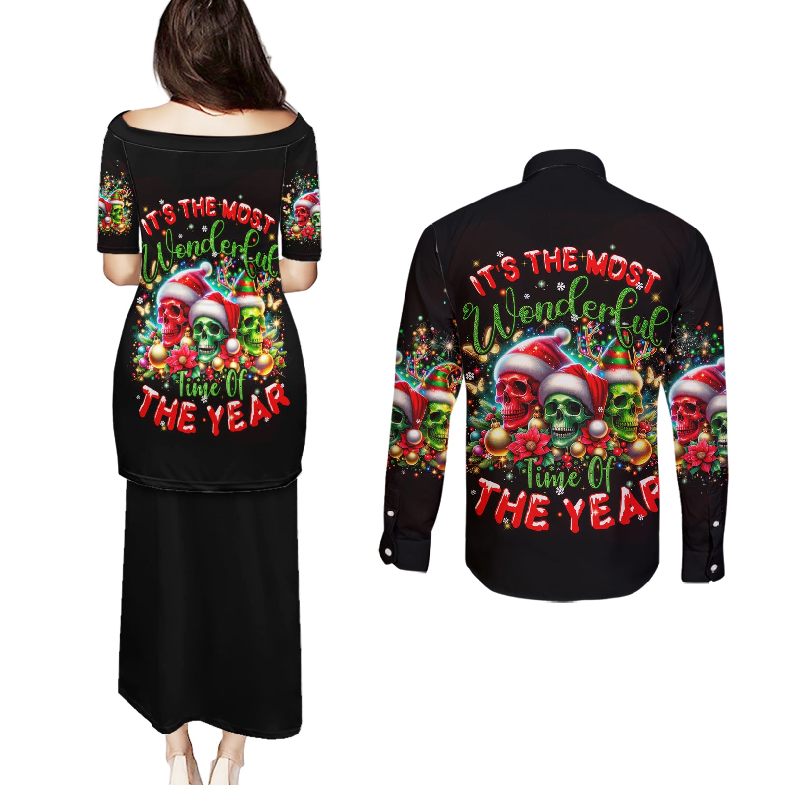 Skull Santa Claus Couples Matching Puletasi Dress and Long Sleeve Button Shirt It's The Most Time Of The Year - Wonder Print Shop