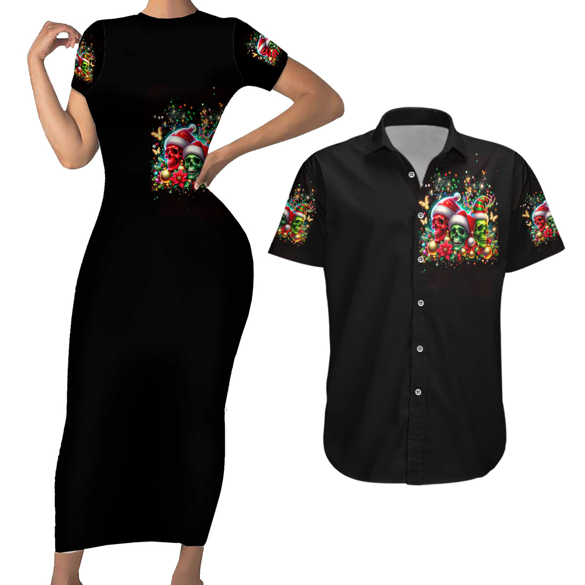 Skull Santa Claus Couples Matching Short Sleeve Bodycon Dress and Hawaiian Shirt It's The Most Time Of The Year - Wonder Print Shop