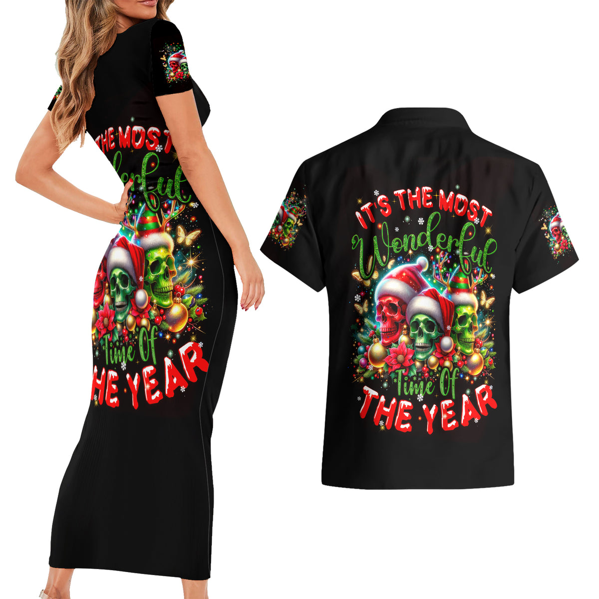 Skull Santa Claus Couples Matching Short Sleeve Bodycon Dress and Hawaiian Shirt It's The Most Time Of The Year - Wonder Print Shop