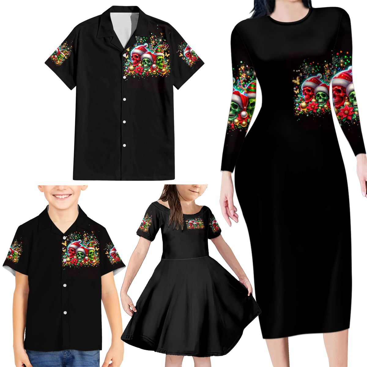 Skull Santa Claus Family Matching Long Sleeve Bodycon Dress and Hawaiian Shirt It's The Most Time Of The Year - Wonder Print Shop