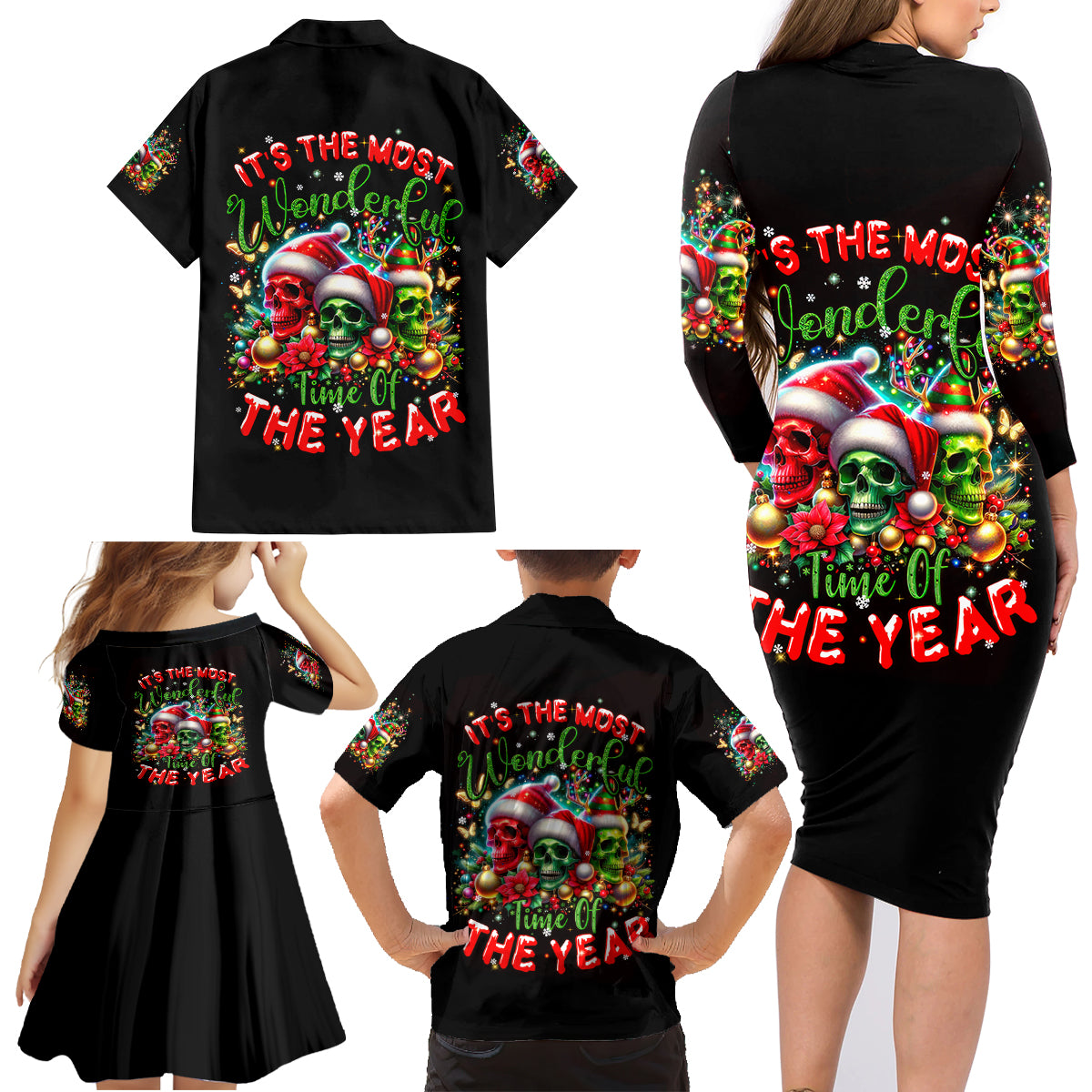 Skull Santa Claus Family Matching Long Sleeve Bodycon Dress and Hawaiian Shirt It's The Most Time Of The Year - Wonder Print Shop