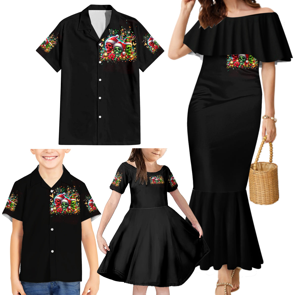 Skull Santa Claus Family Matching Mermaid Dress and Hawaiian Shirt It's The Most Time Of The Year - Wonder Print Shop