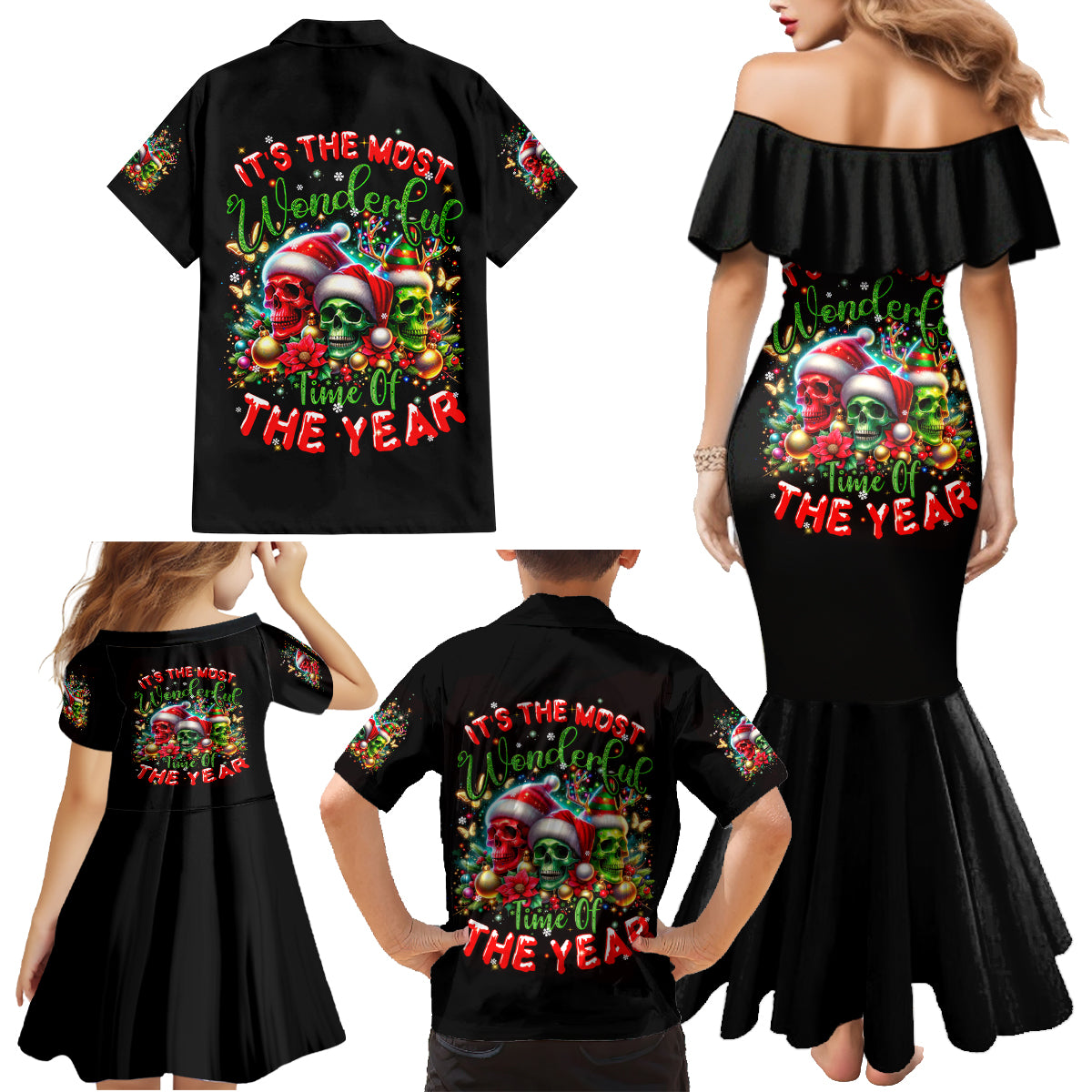 Skull Santa Claus Family Matching Mermaid Dress and Hawaiian Shirt It's The Most Time Of The Year - Wonder Print Shop