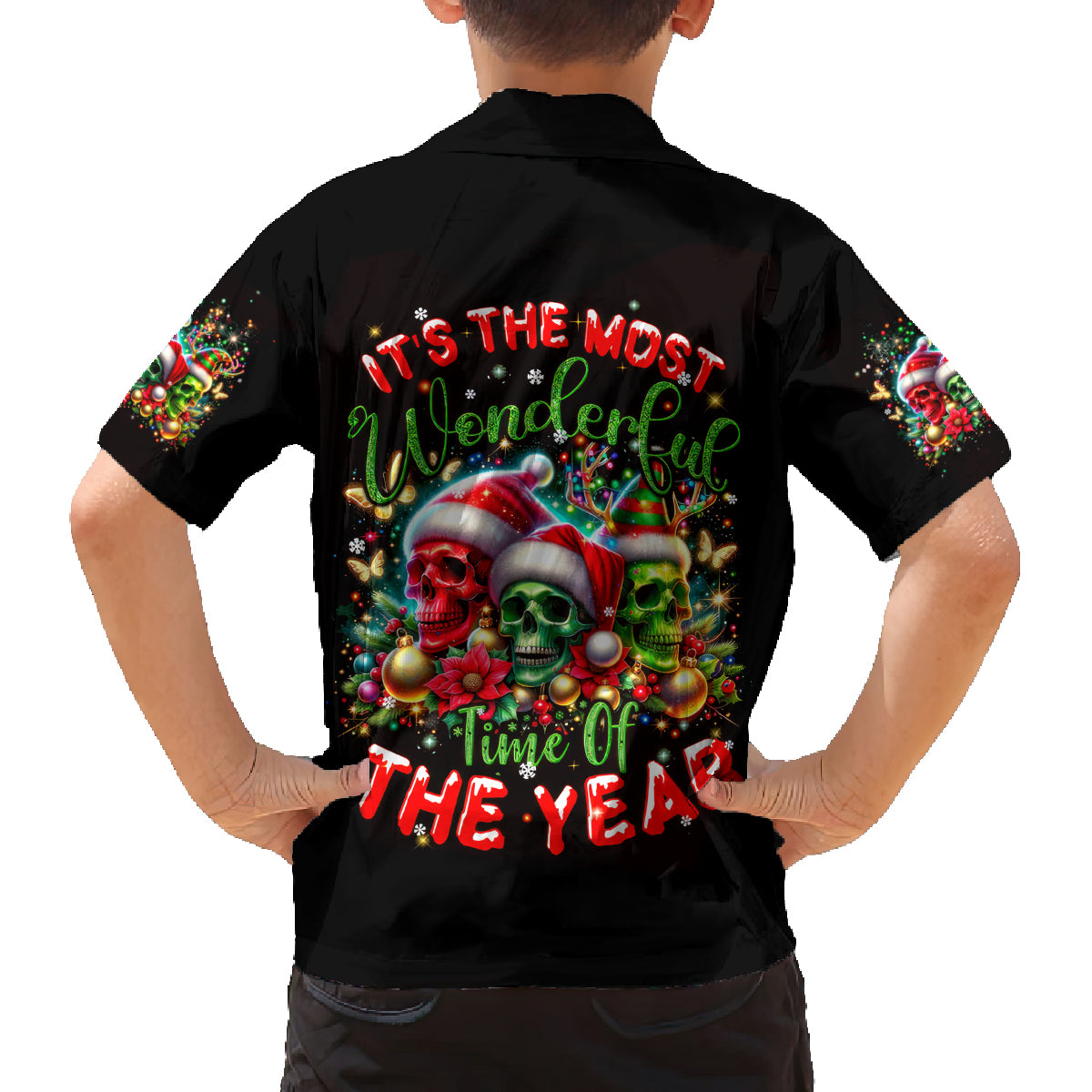 Skull Santa Claus Family Matching Off Shoulder Long Sleeve Dress and Hawaiian Shirt It's The Most Time Of The Year - Wonder Print Shop