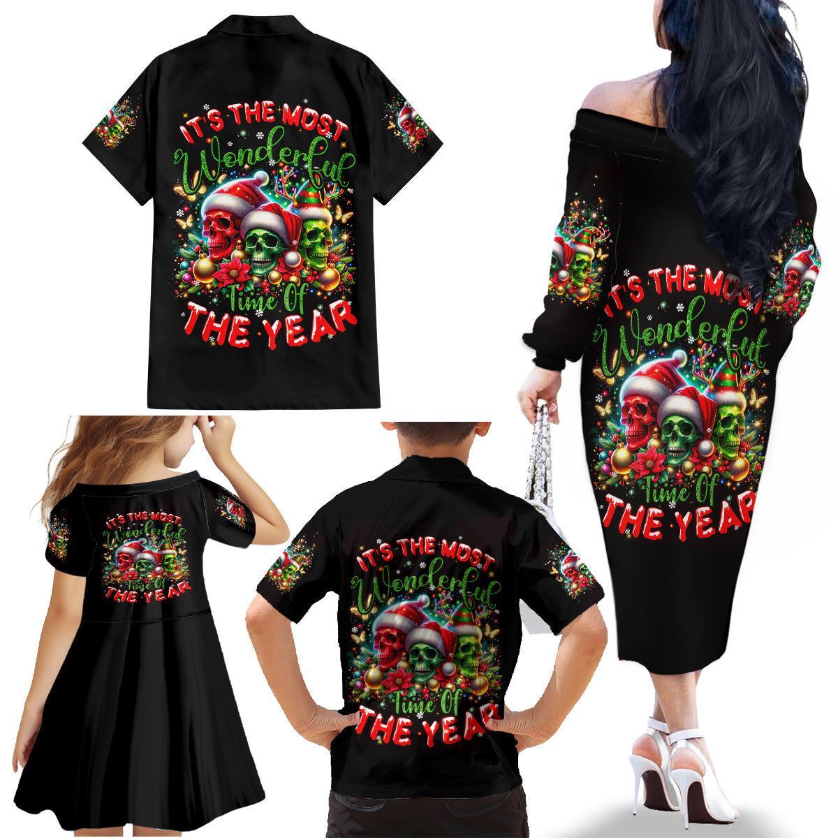 Skull Santa Claus Family Matching Off Shoulder Long Sleeve Dress and Hawaiian Shirt It's The Most Time Of The Year - Wonder Print Shop