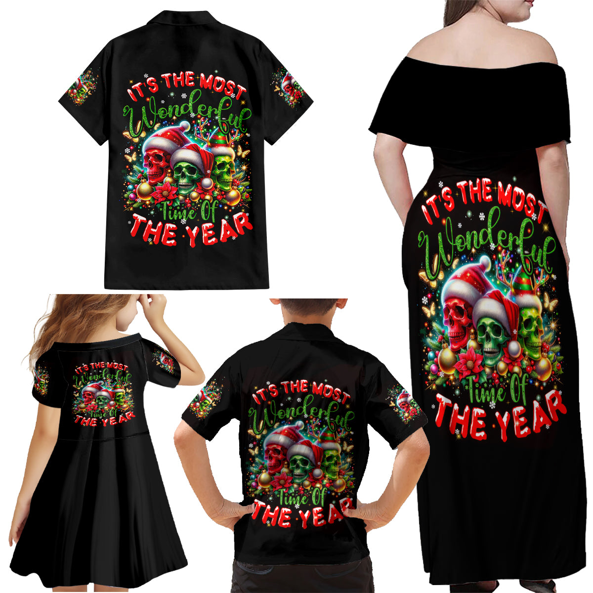 Skull Santa Claus Family Matching Off Shoulder Maxi Dress and Hawaiian Shirt It's The Most Time Of The Year - Wonder Print Shop