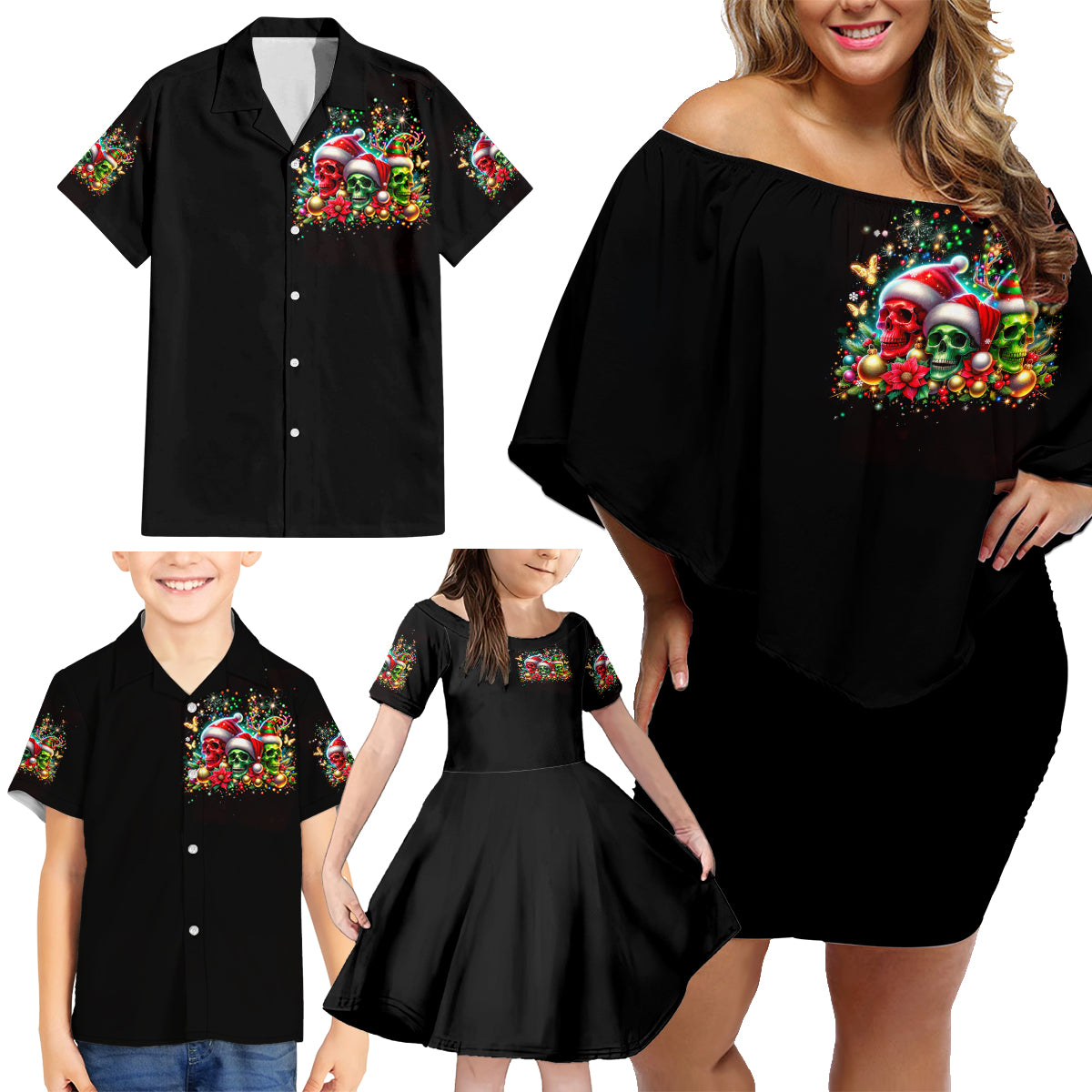Skull Santa Claus Family Matching Off Shoulder Short Dress and Hawaiian Shirt It's The Most Time Of The Year - Wonder Print Shop