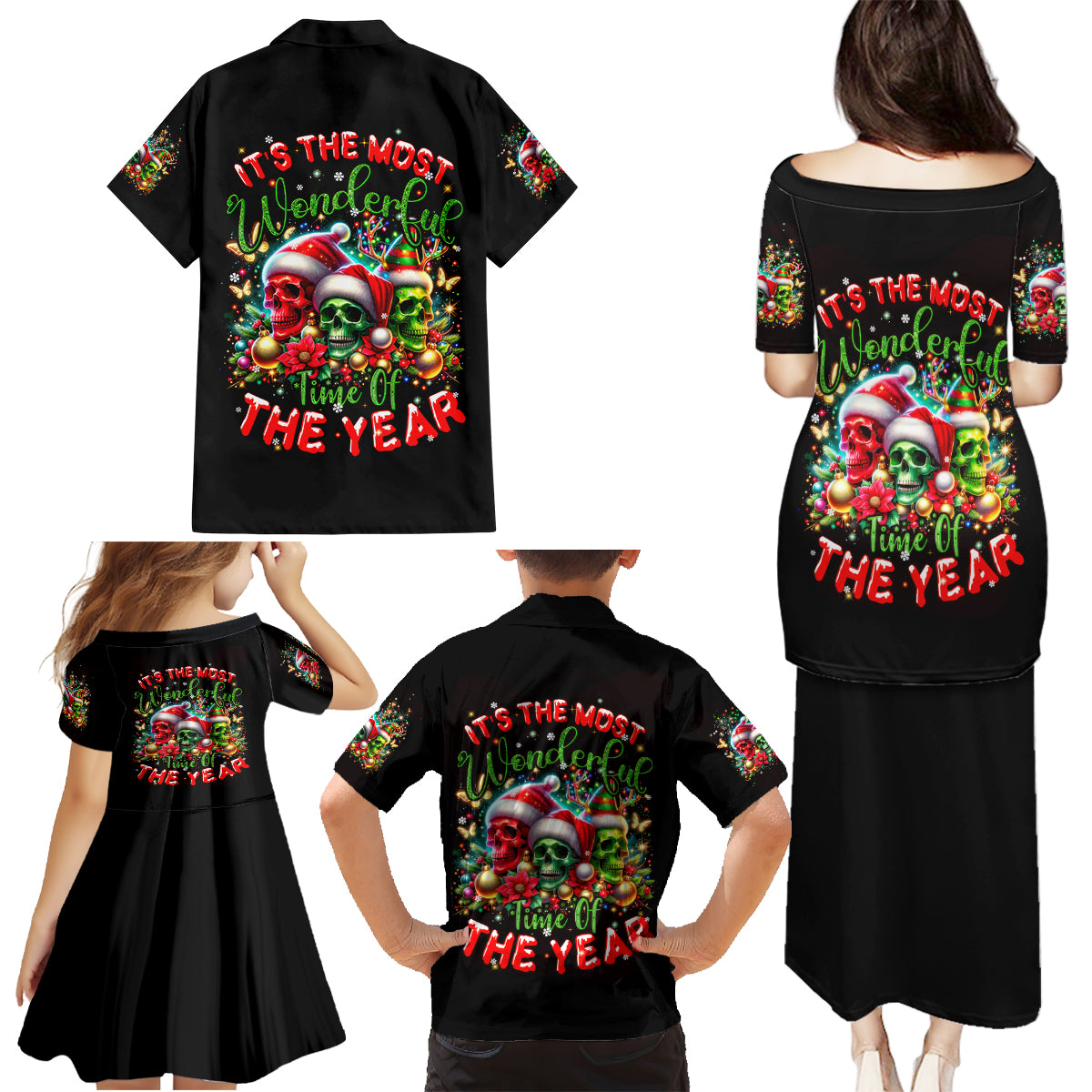 Skull Santa Claus Family Matching Puletasi Dress and Hawaiian Shirt It's The Most Time Of The Year - Wonder Print Shop