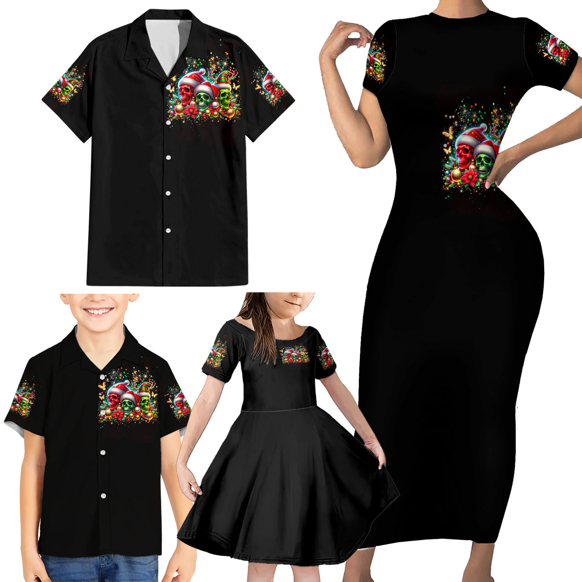 Skull Santa Claus Family Matching Short Sleeve Bodycon Dress and Hawaiian Shirt It's The Most Time Of The Year - Wonder Print Shop