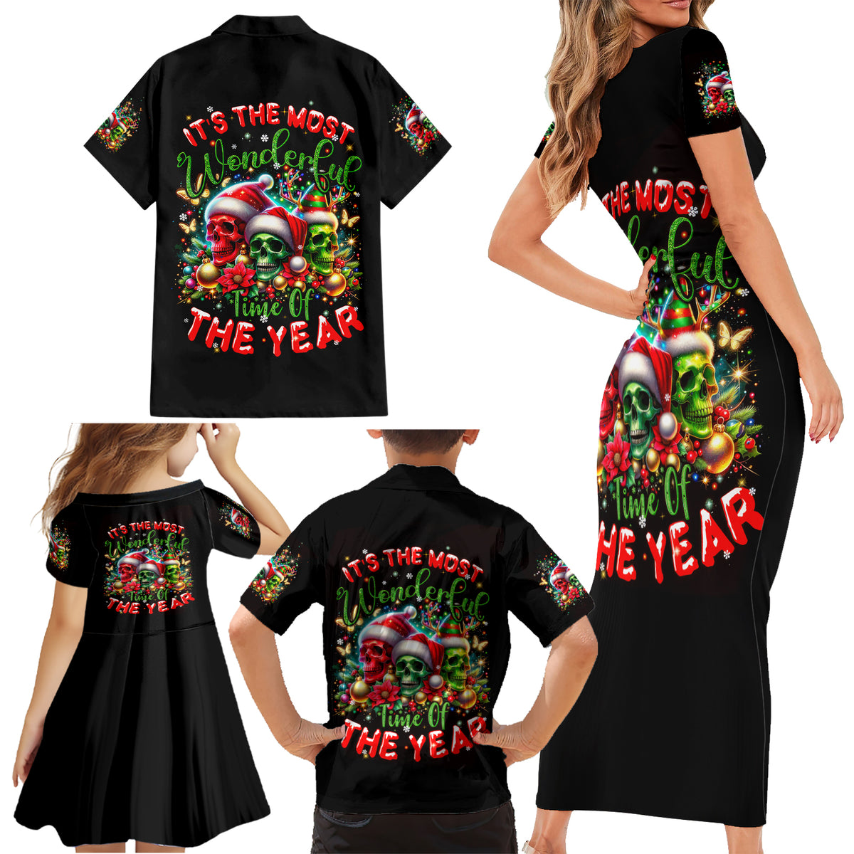 Skull Santa Claus Family Matching Short Sleeve Bodycon Dress and Hawaiian Shirt It's The Most Time Of The Year - Wonder Print Shop