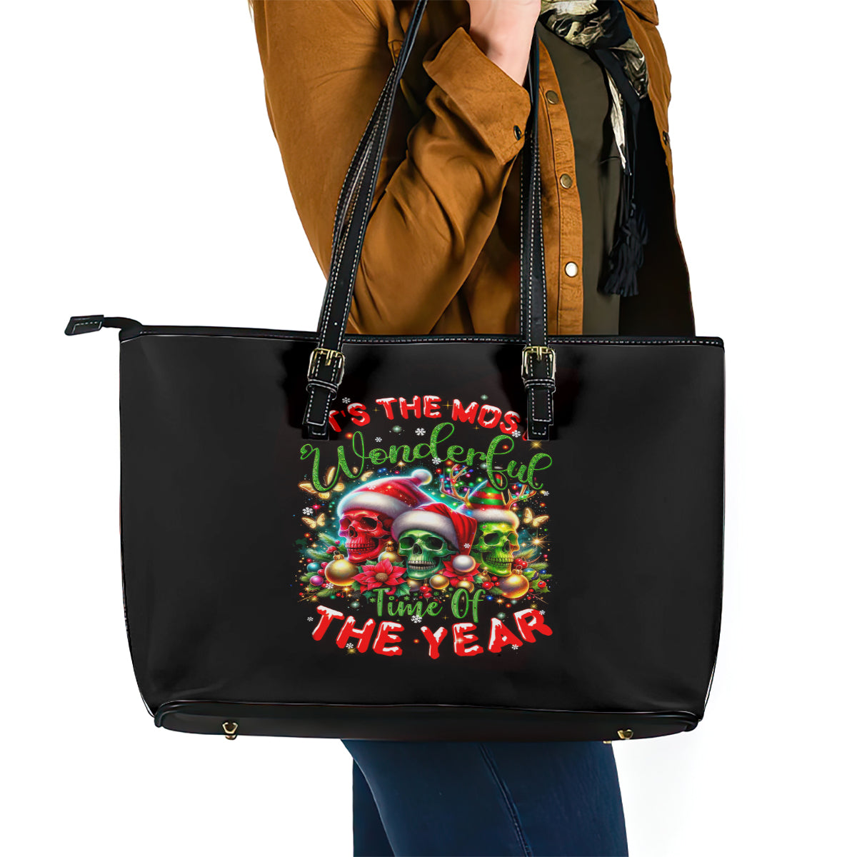 Skull Santa Claus Leather Tote Bag It's The Most Time Of The Year - Wonder Print Shop