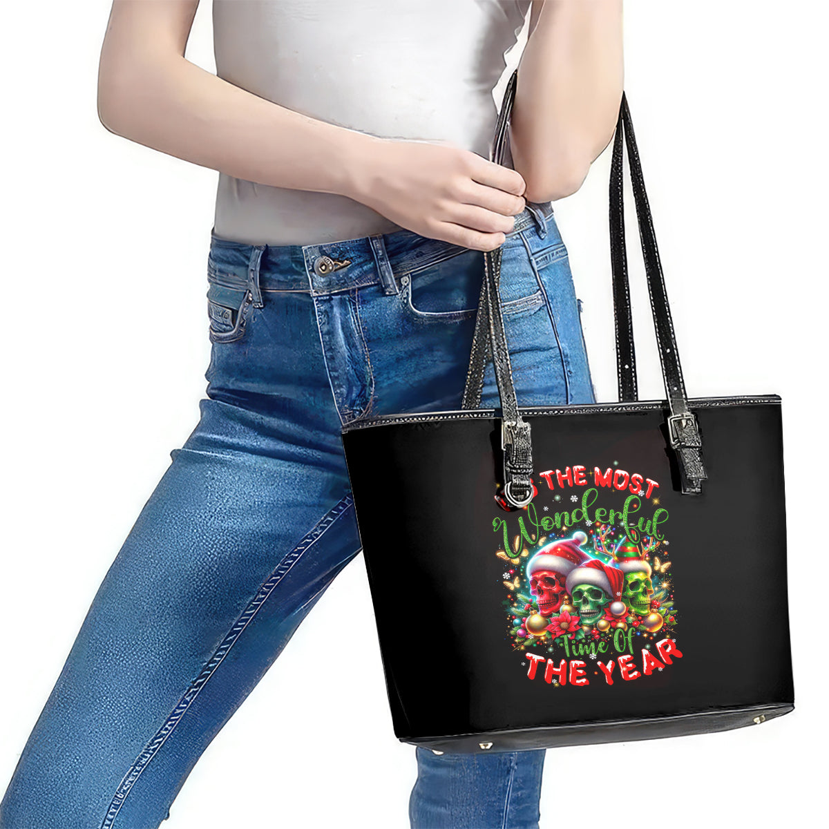 Skull Santa Claus Leather Tote Bag It's The Most Time Of The Year - Wonder Print Shop