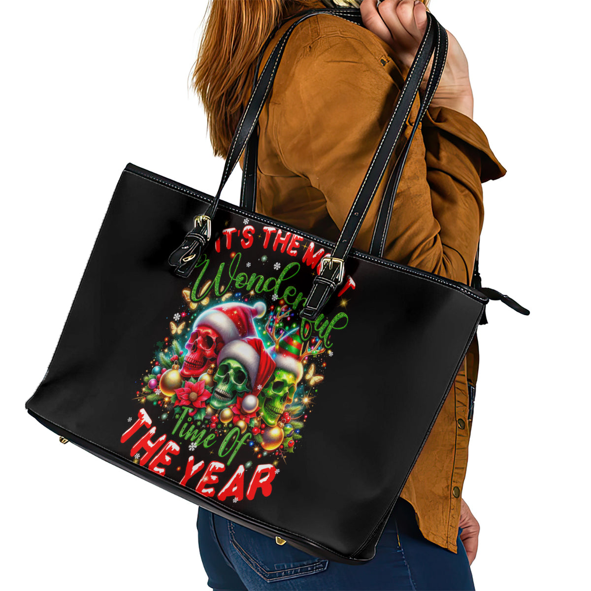 Skull Santa Claus Leather Tote Bag It's The Most Time Of The Year - Wonder Print Shop