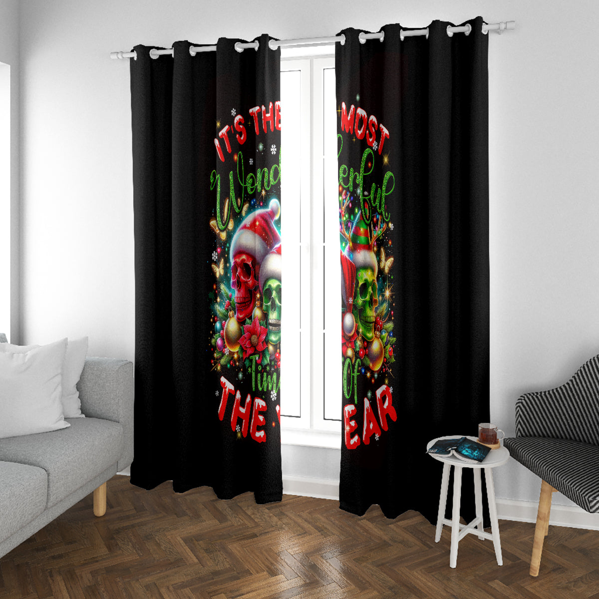 Skull Santa Claus Window Curtain It's The Most Time Of The Year - Wonder Print Shop