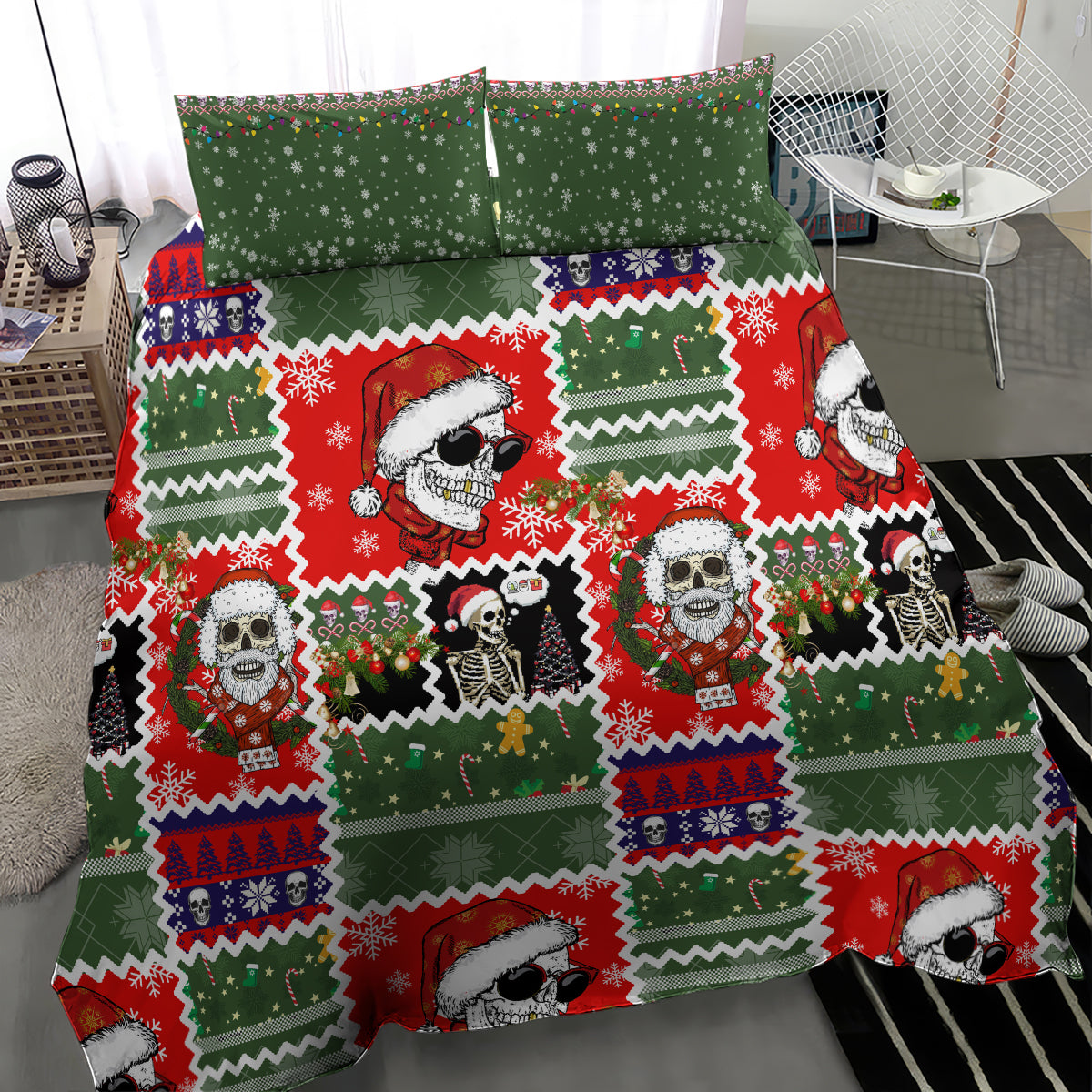 Skeleton Santa Claus Bedding Set Moodboard Skull Ugly Christmas - Wonder Print Shop