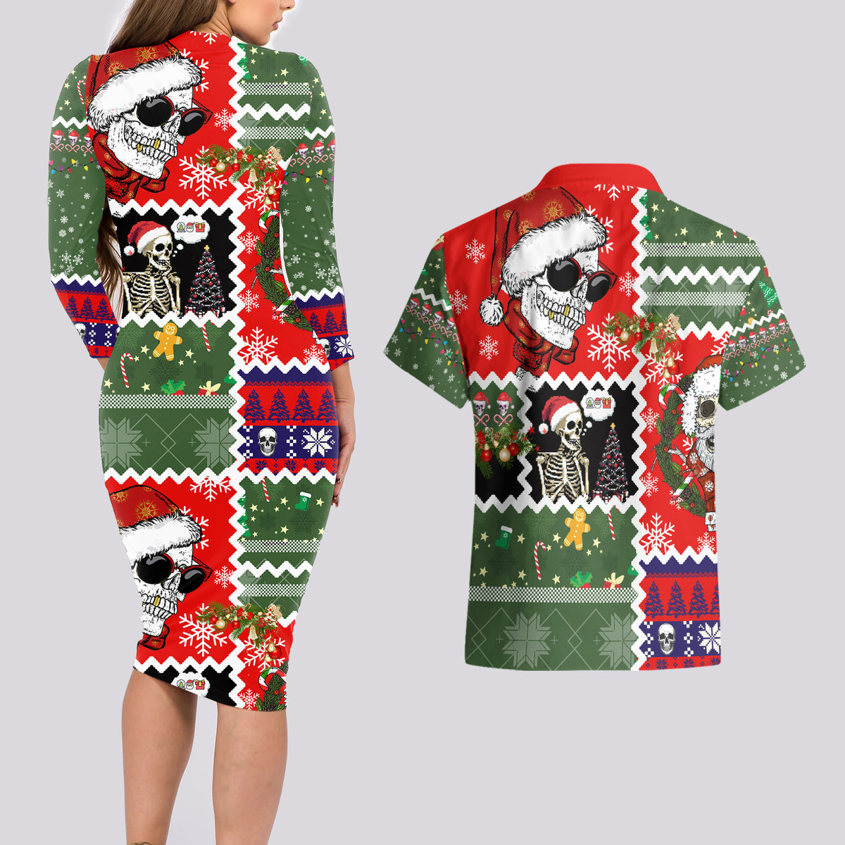 Skeleton Santa Claus Couples Matching Long Sleeve Bodycon Dress and Hawaiian Shirt Moodboard Skull Ugly Christmas - Wonder Print Shop