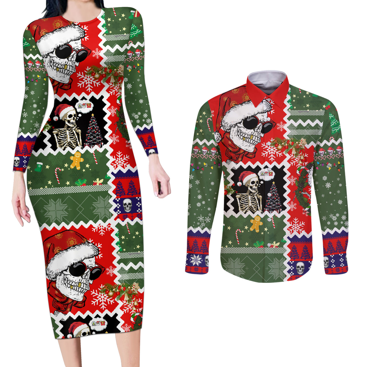 Skeleton Santa Claus Couples Matching Long Sleeve Bodycon Dress and Long Sleeve Button Shirt Moodboard Skull Ugly Christmas - Wonder Print Shop
