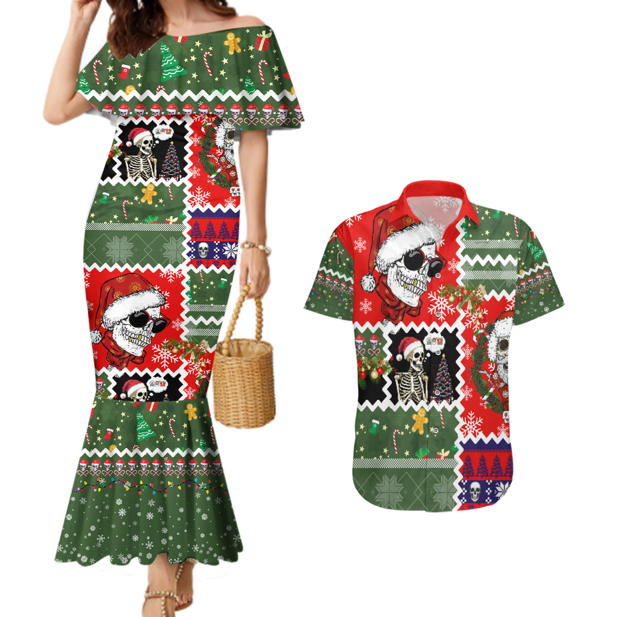 Skeleton Santa Claus Couples Matching Mermaid Dress and Hawaiian Shirt Moodboard Skull Ugly Christmas - Wonder Print Shop