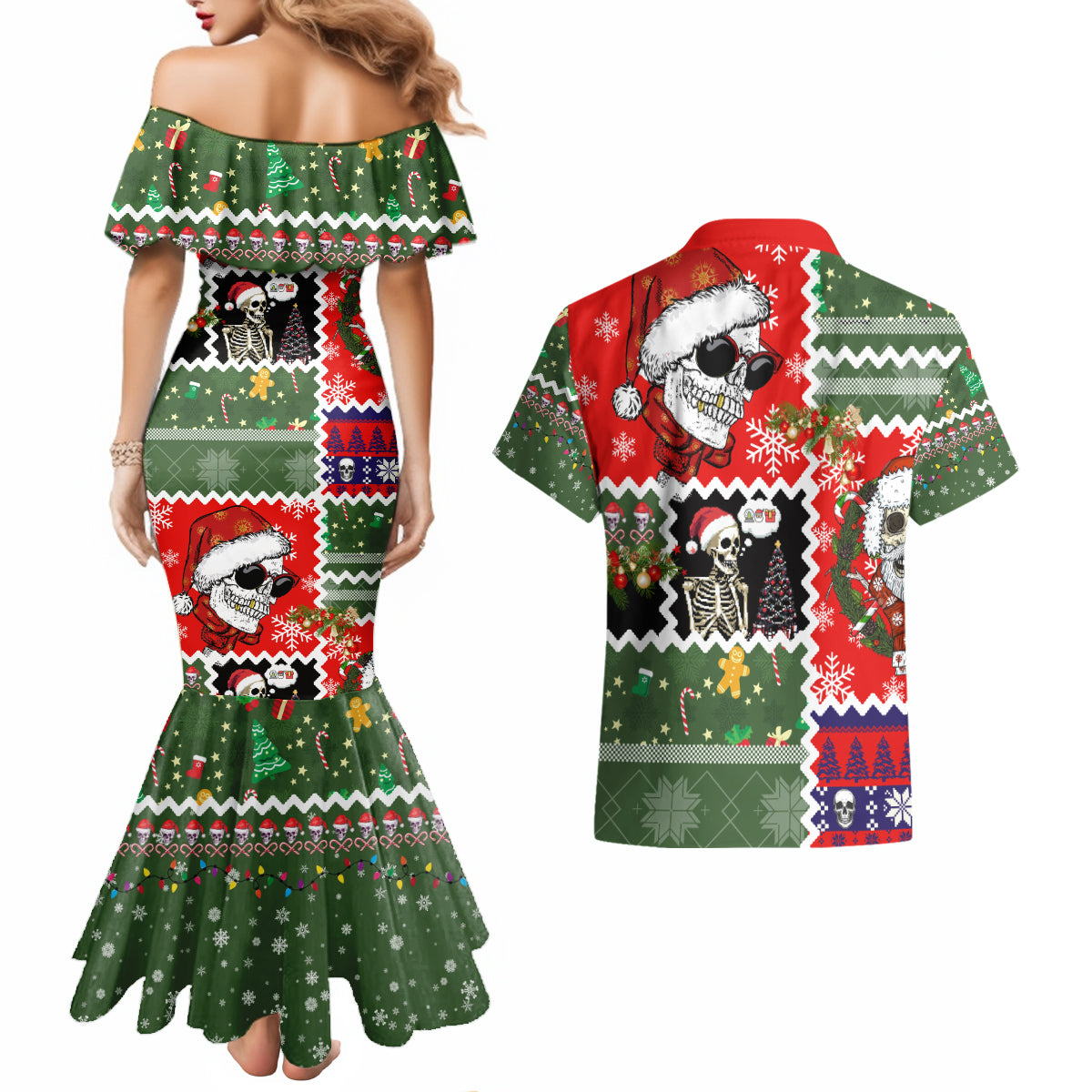 Skeleton Santa Claus Couples Matching Mermaid Dress and Hawaiian Shirt Moodboard Skull Ugly Christmas - Wonder Print Shop