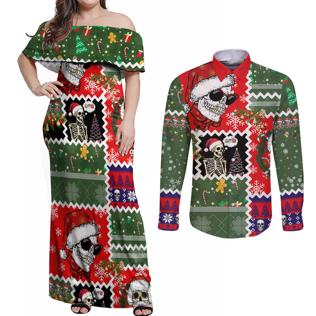 Skeleton Santa Claus Couples Matching Off Shoulder Maxi Dress and Long Sleeve Button Shirt Moodboard Skull Ugly Christmas - Wonder Print Shop