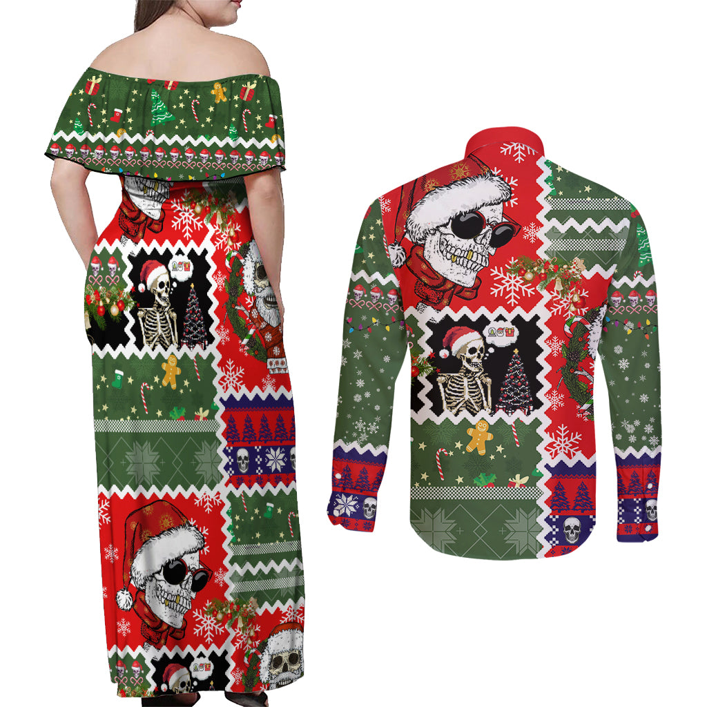 Skeleton Santa Claus Couples Matching Off Shoulder Maxi Dress and Long Sleeve Button Shirt Moodboard Skull Ugly Christmas - Wonder Print Shop