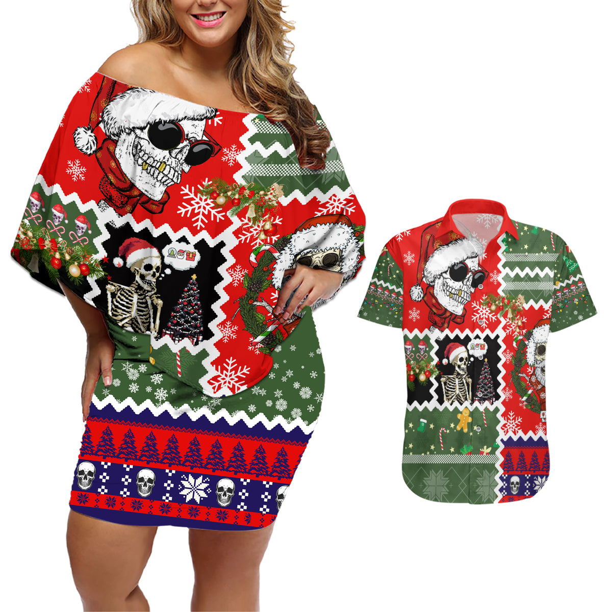 Skeleton Santa Claus Couples Matching Off Shoulder Short Dress and Hawaiian Shirt Moodboard Skull Ugly Christmas - Wonder Print Shop